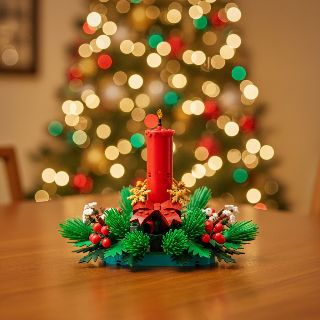 A Christmas Advent wreath set built from LEGO-style bricks, featuring a tall red candle, green pine and fir branches, red berries, gold ornaments, and a red bow on a white background.